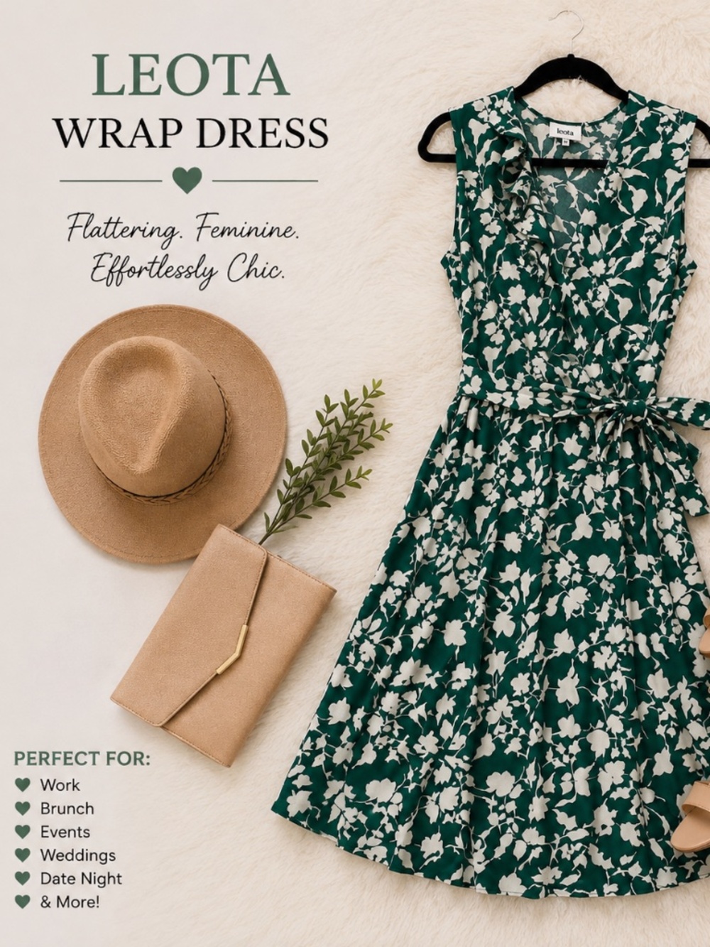 Leota Green & White Floral Wrap Dress Size M Ruffle Neck Tie Waist